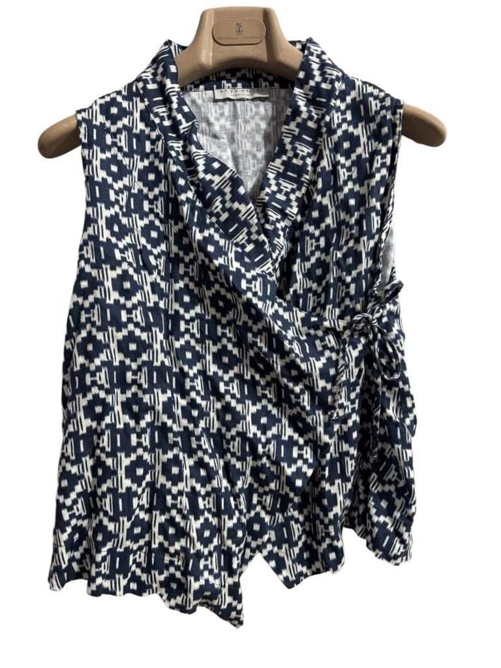 Bryn Walker Blue and White Geometric Print Sleeveless Wrap Vest